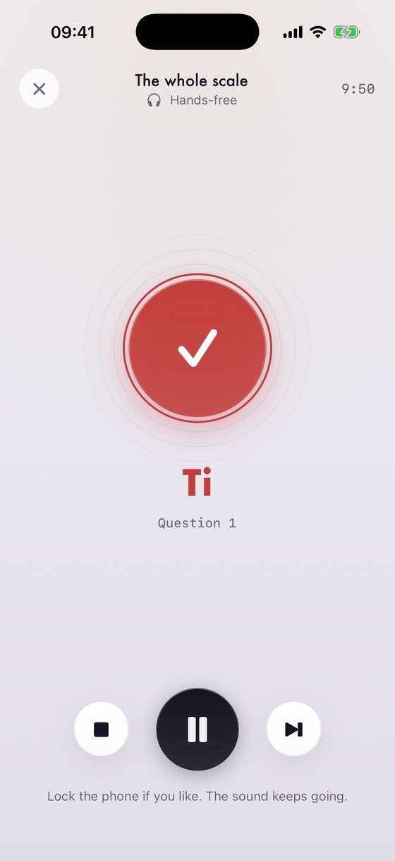 Hands-free training: a large answer, Ti, and a timer, designed to be listened to rather than watched.